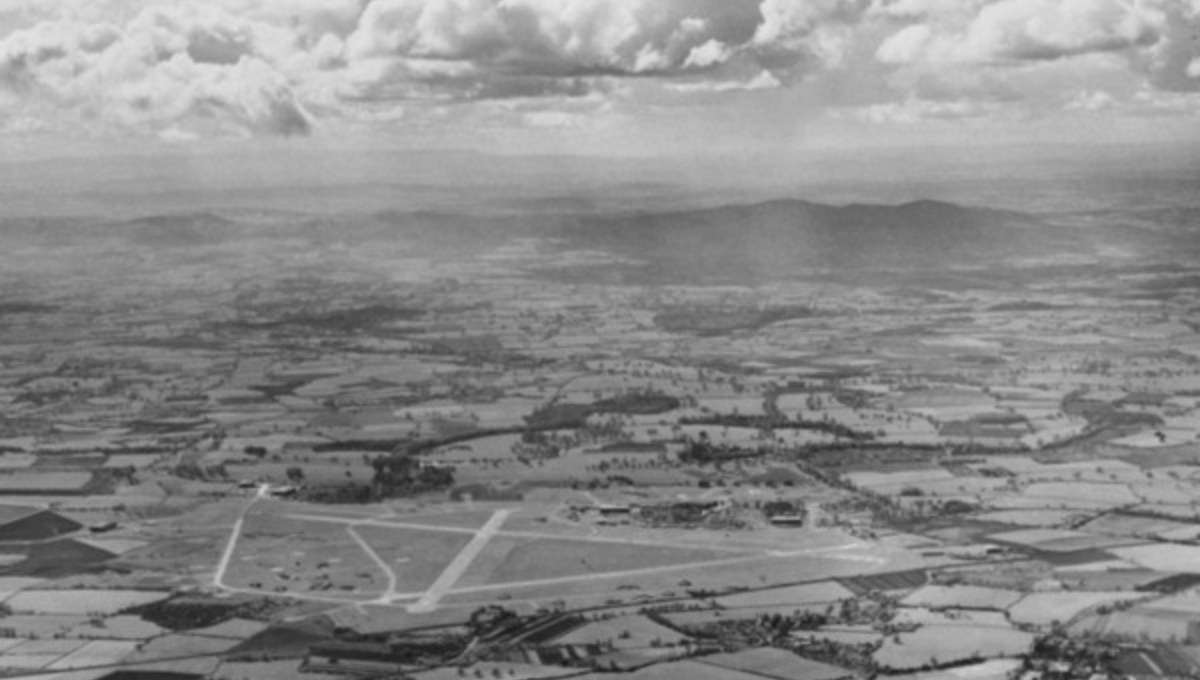 Black and white image of Worcestershire countryside from the view of aircraft cockpit.