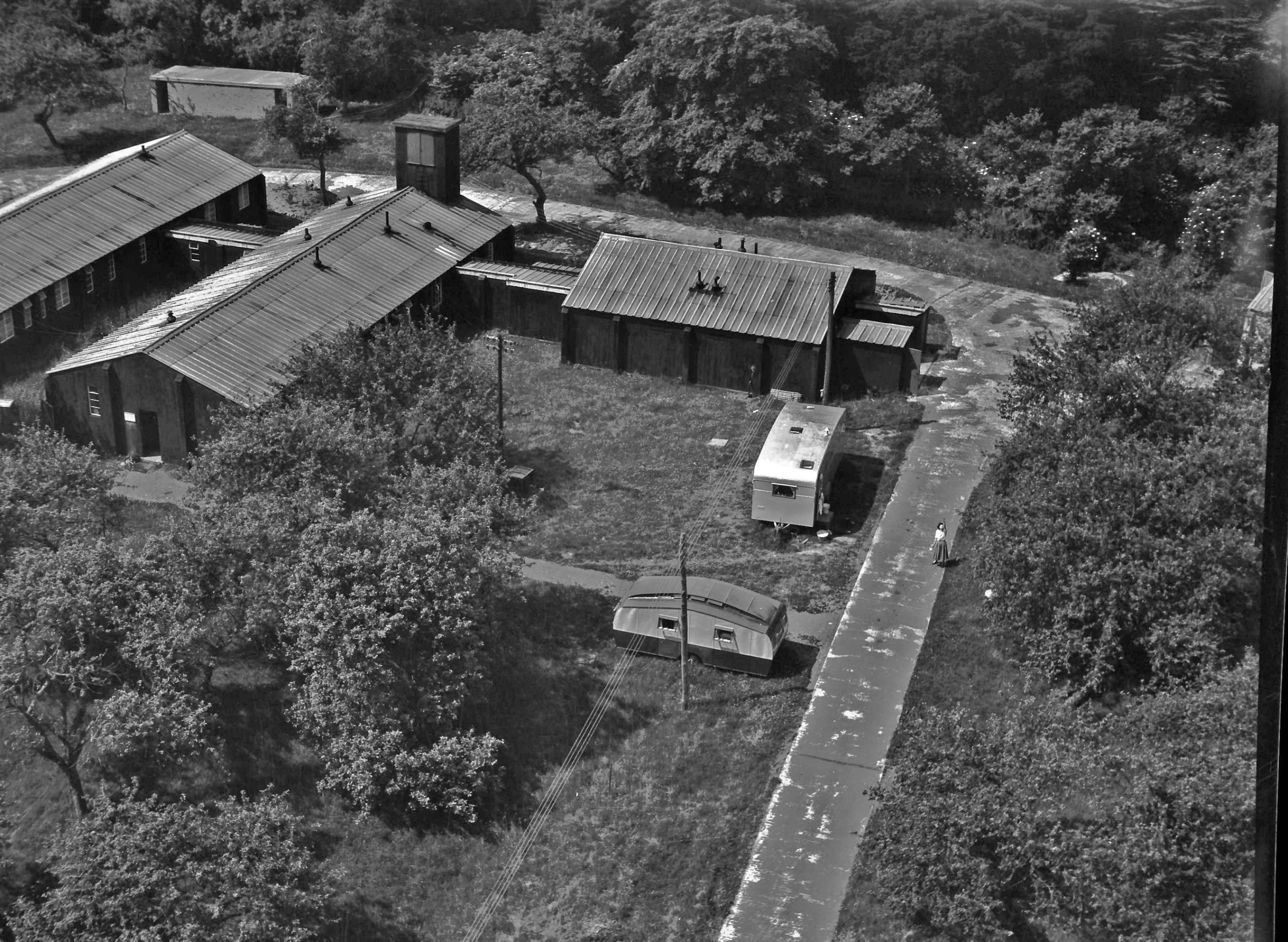 Aerial view of a set of out buildings on the Defford airfield area.